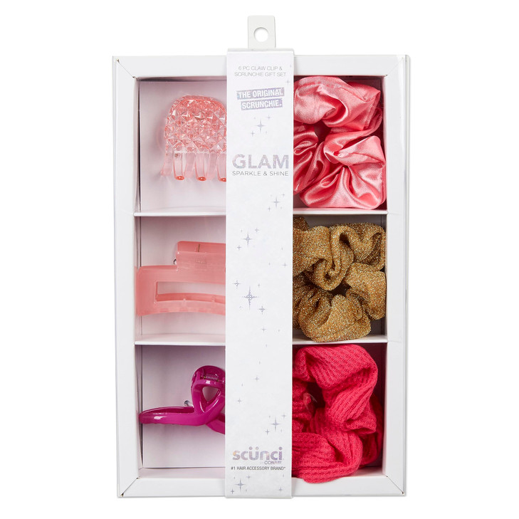 Scunci by Conair Gift Set Gift Box Under 20 Includes 3 Claw Clips and 3 Scrunchies in Pink and Gold Colors
