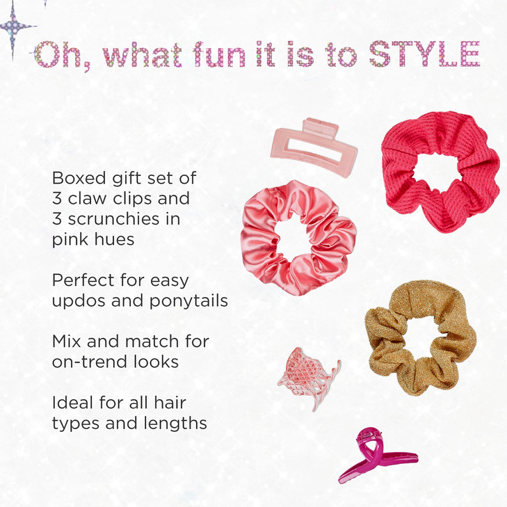 Scunci by Conair Gift Set Gift Box Under 20 Includes 3 Claw Clips and 3 Scrunchies in Pink and Gold Colors