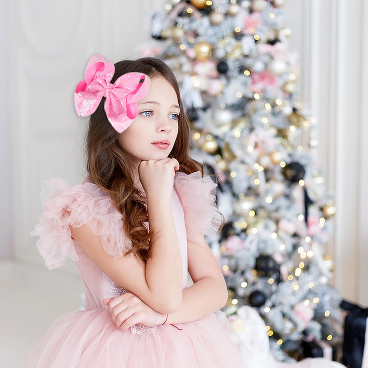 AMYDECOR 8 Inch Light Pink Sparkly Glitter Sequin Hair Bows for Girls