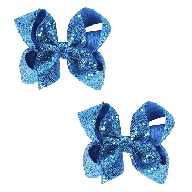 AMYDECOR 6 Inch Blue Sparkly Glitter Sequin Hair Bows for Girls Toddlers Kids Children Teenage 2PCS