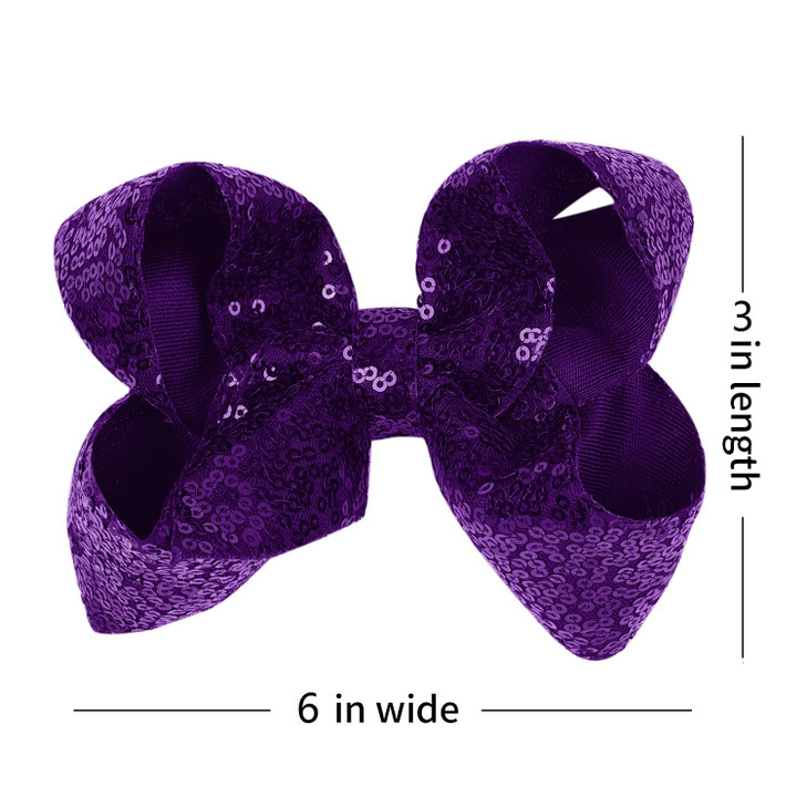 AMYDECOR 6 Inch Dark Purple Sparkly Glitter Sequin Hair Bows for Girls Toddlers Kids Children Teenage 2PCS