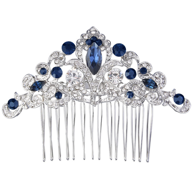 EVER FAITH Austrian Crystal Art Deco Flower Vine Wedding Prom Hair Comb fro Women Bride Bridesmaids Navy Blue SilverTone