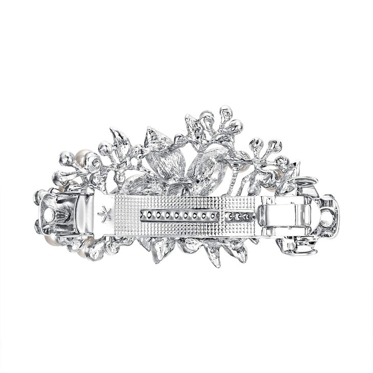 EVER FAITH Austrian Crystal Bridal Hibiscus Cream Simulated Pearl Hair Clip Barrette Blue SilverTone