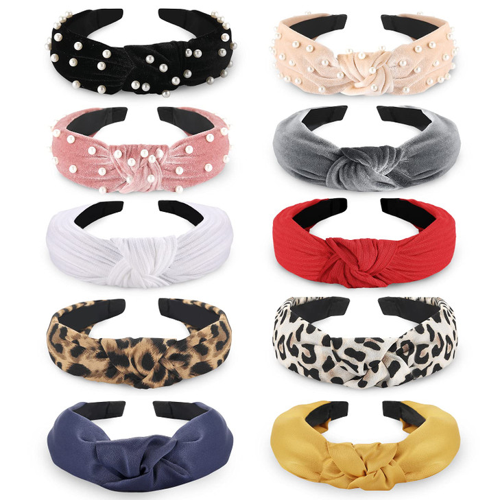Funtopia Fashion Headbands for Women Girls 10 Pcs Knotted Pearl Wide Top Knot Turban Hair Bands Hoops Vintage Velvet Leo
