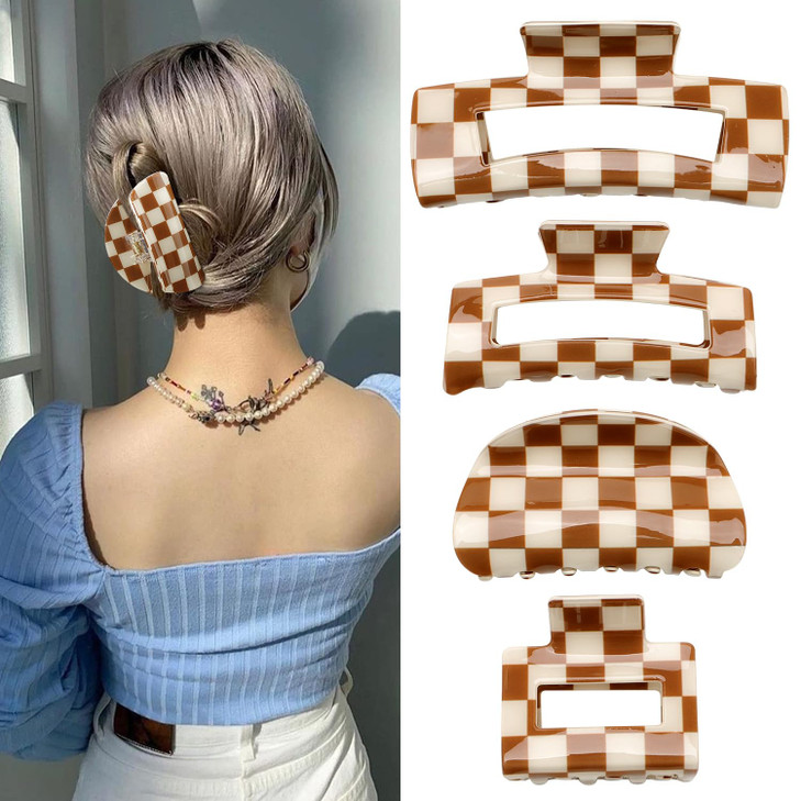 CHANACO Checkered Claw Clip 4 Pcs Checkered Hair Clip Large Claw Clips for Thick Hair Brown Tortoise Barrettes Hair Clip