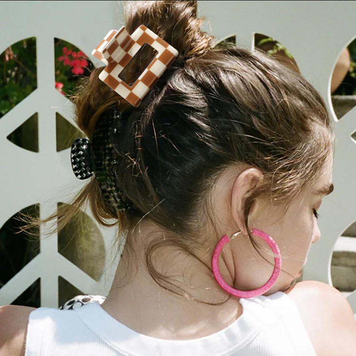 CHANACO Checkered Claw Clip 4 Pcs Checkered Hair Clip Large Claw Clips for Thick Hair Brown Tortoise Barrettes Hair Clip