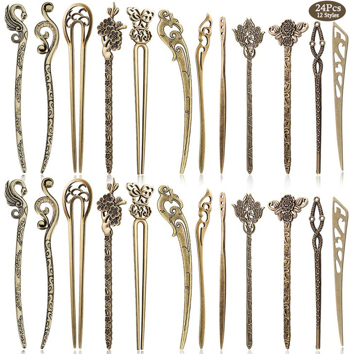 24 Pieces Chinese Women Hair Sticks AUHOKY 12 Styles Vintage Bronze Decorative Hair Pin Chopsticks Antique Retro Hair Fo