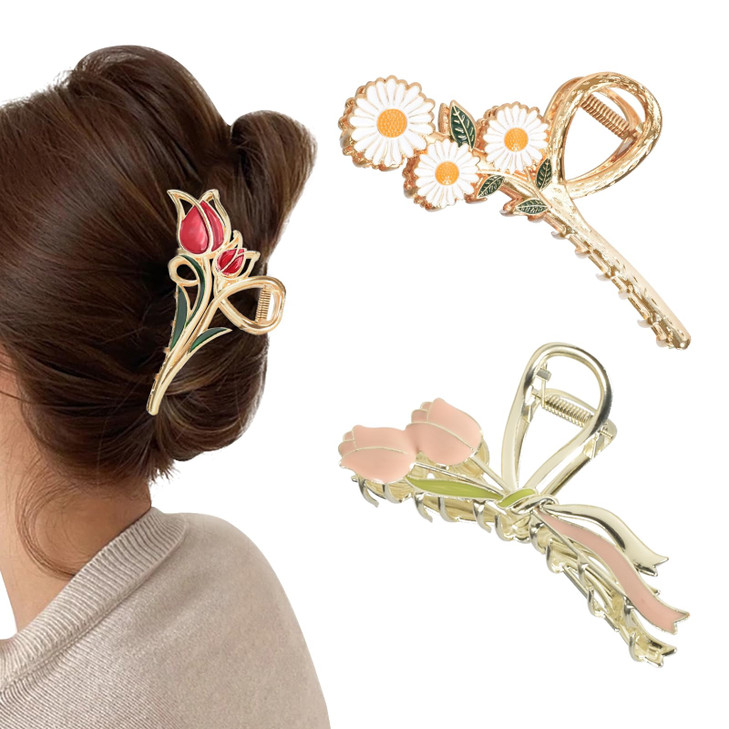 Yonchic 3Piece Flower Metal Hair Clips Muticolor Tulip Hair Claw for ThinMedium Thick Hair Elegant Daisy Floral Hair Bar