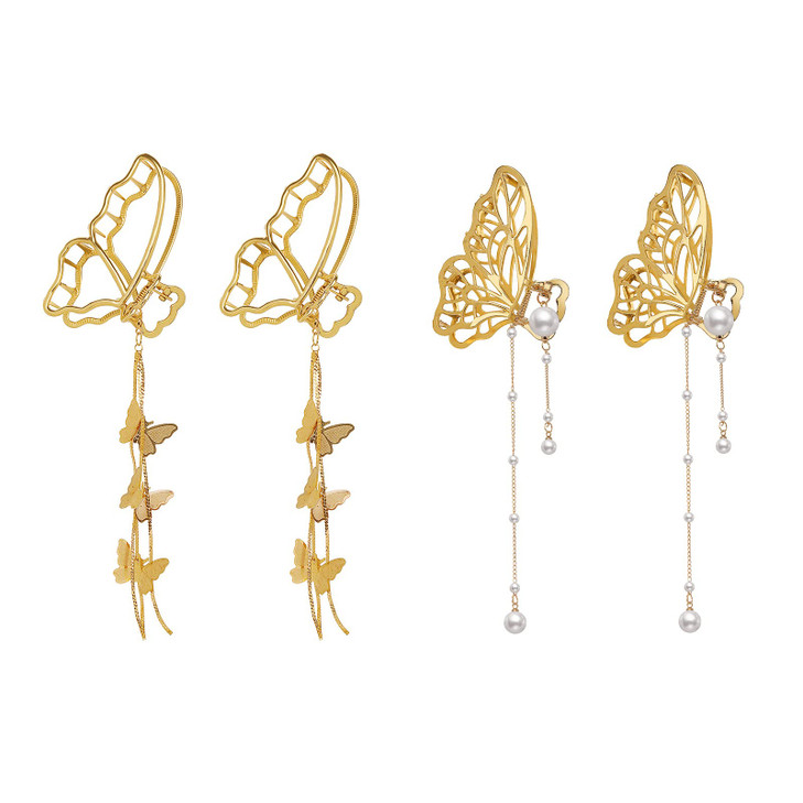 AMNGYOOK 4PCS Alloy butterfly Hair Clips Metal Gold Claw Clips With Tassel Nonslip Hair Claw Hair Accessories For Women