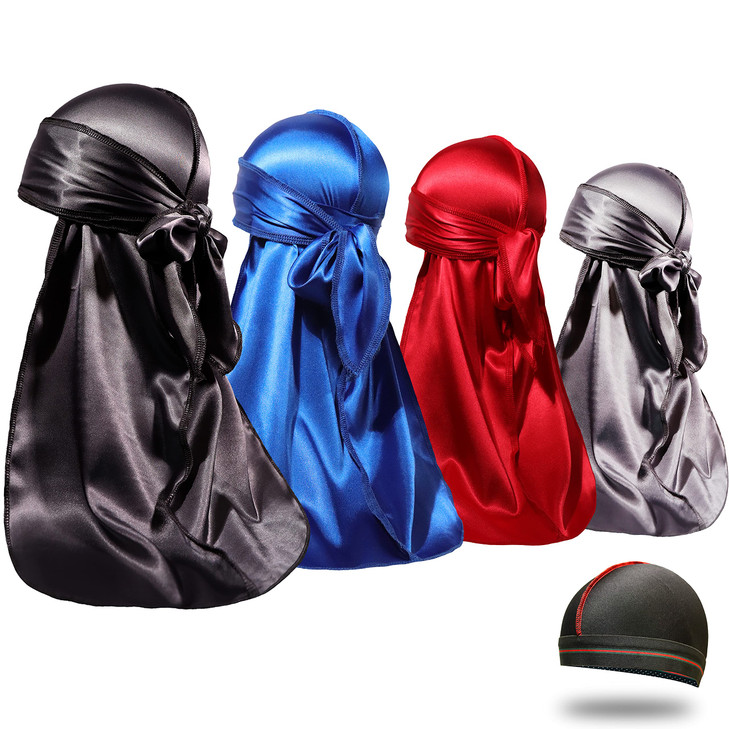 4PCS Silky Durags for Men Women 360 Waves with 1 Wave Cap Silky Satin Durag Extra Long Tails