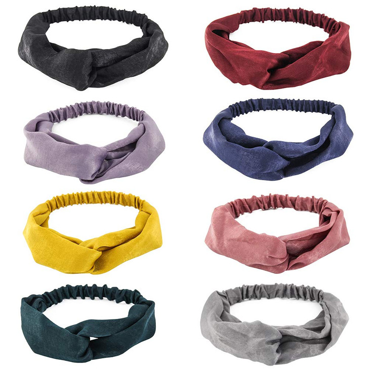 Yeshan Womens Criss cross Silk Satin Headbands Elastic Twisted Head Wrap Knotted Hair Bandpack of 8
