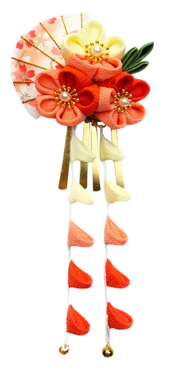 CRB Fashion Womens Girls Japanese Kimono Flower Kanzashi Hair Ornament Tie Band Clip Orange Small
