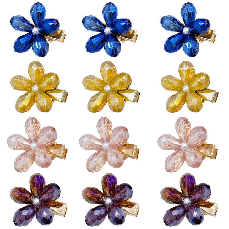 MIAO JIN 12Pcs Crystal Hair Clips Pearls Alligator Hairpins Small Mini Flower Hair Barrettes for Womens and Girls Hair A