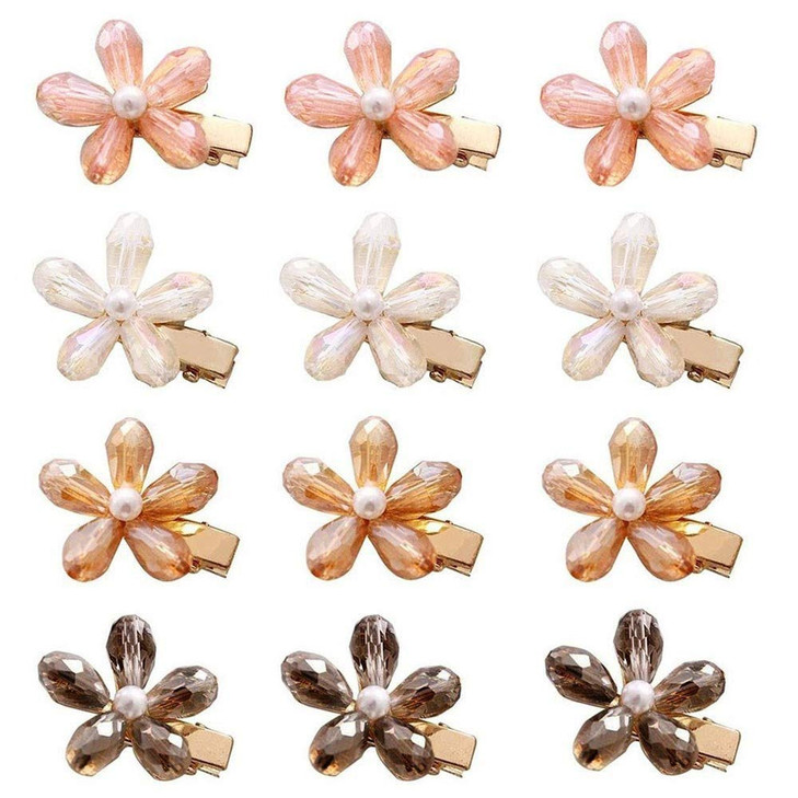 MIAO JIN 12Pcs Crystal Hair Clips Pearls Alligator Hairpins Small Mini Flower Hair Barrettes for Womens and Girls Hair A