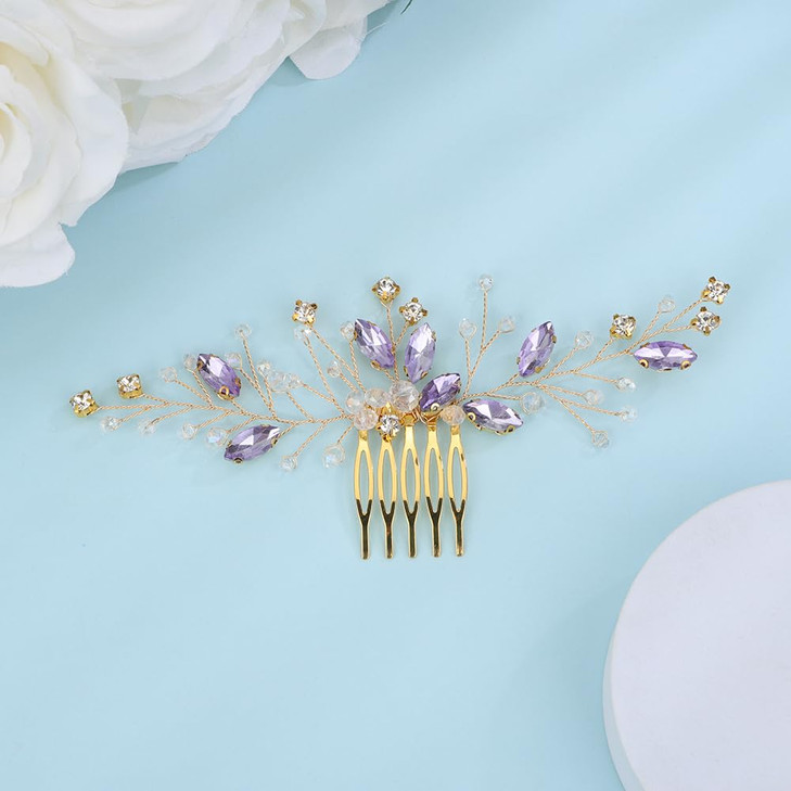 Teyglen Bridal Wedding Hair Comb Headband Purple Rhinestone Crystal Hair Side Comb Bridal Gold Silver Crystal Hair Piece