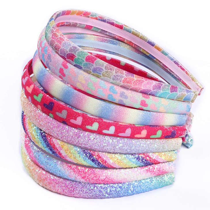 WANYU Rainbow Headbands 8 Pcs Sweet Hairband Children Head Bands For Girls Sequin Printed Heart Mermaid Headband Kids Ha