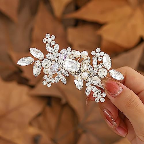 Jakawin Rhinestone Bride Wedding Hair Piece Silver Pearl Hair Clip Crystal Flower Headpiece Bridal Hair Accessories for