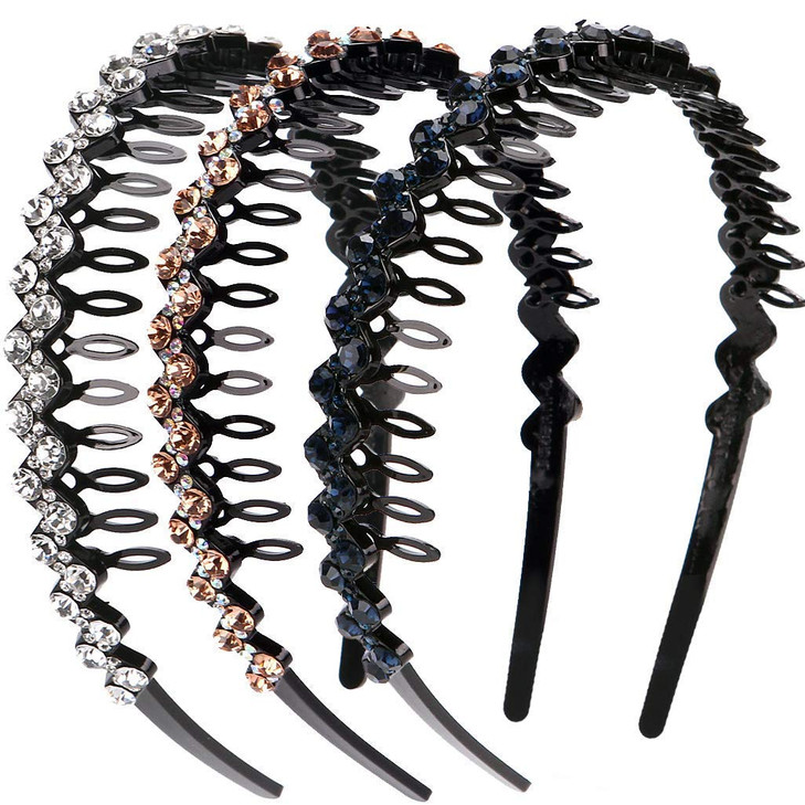 LONEEDY Wave Rhinestone and Crystal Teeth Comb Headbands For Women Nonslip Hard Headbands SilverGoldDark blue