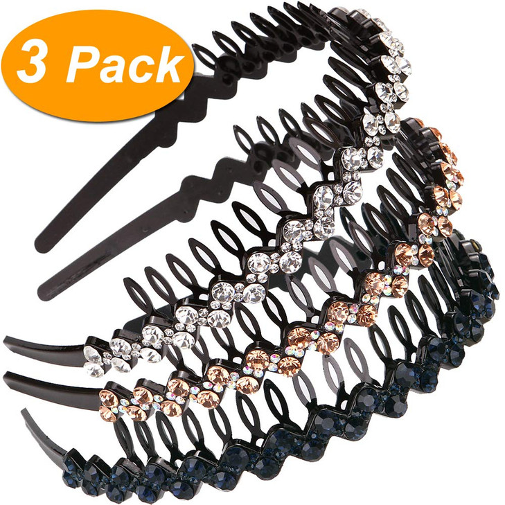 LONEEDY Wave Rhinestone and Crystal Teeth Comb Headbands For Women Nonslip Hard Headbands SilverGoldDark blue