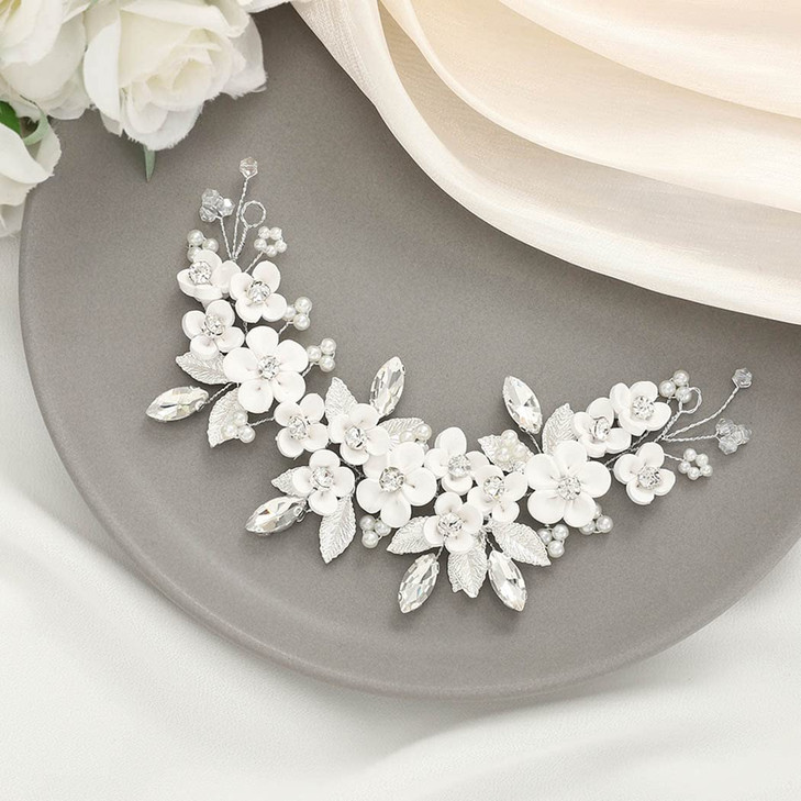 Unicra Silver Flower Bride Wedding Hair Vine Pearl Bridal Hair Piece Rhinestone Hair Accessories Leaf Headband for Women