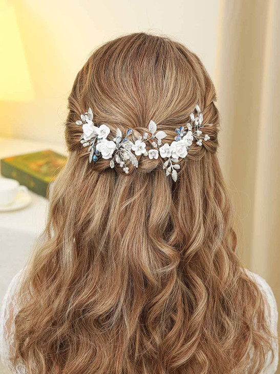 Unicra Flower Silver Bride Wedding Hair Vine Pearl Bridal Hair Piece Blue Rhinestone Hair Accessories Leaf Headband for