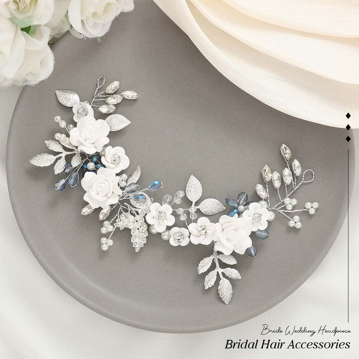 Unicra Flower Silver Bride Wedding Hair Vine Pearl Bridal Hair Piece Blue Rhinestone Hair Accessories Leaf Headband for