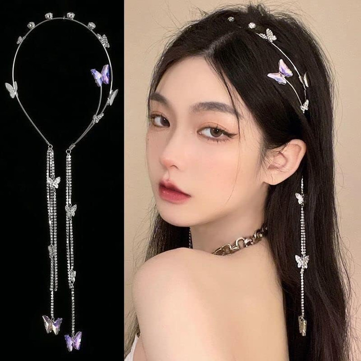 E EMZHOLE Wedding Butterfly Headband Head Chain Silver Tassel Hair Hoop Band Hair Vine Vintage Decorative Headwear Headp