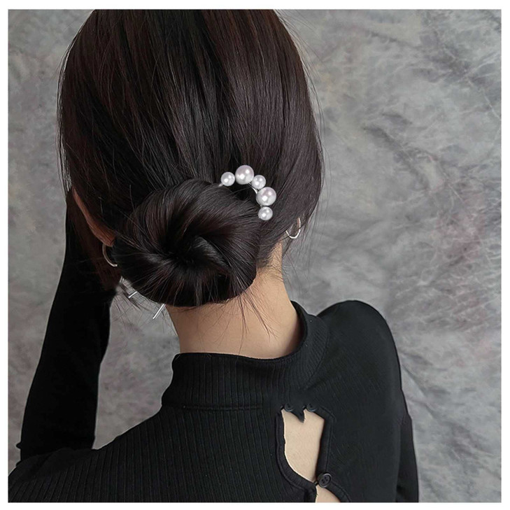 Iaceble Minimalist Pearl U Shape Hairpin Metal Silver Hair Fork Stick Updo Hair Sticks Clip French Pearl Hair Pin Decora