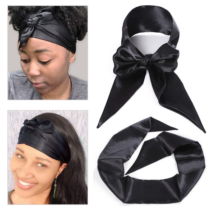 Leeven 1 Pcs Wig Grip Band Silky Satin Edge Laying Scarf For Women Black Satin Wrapping Scarf for Lace Frontal Wigs Non