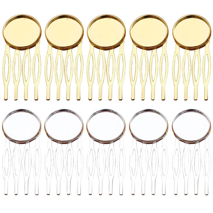 10 Pcs Blank Hair Combs 4 Teeth Hair Side Combs Bases with 20mm Round Blank Cabochon Setting Tray for DIY Hair Accessori