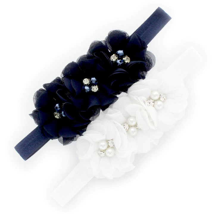 My Lello Girls Flower Headbands Toddler Fabric Beaded Trio Stretchy Elastic Pair NavyWhite
