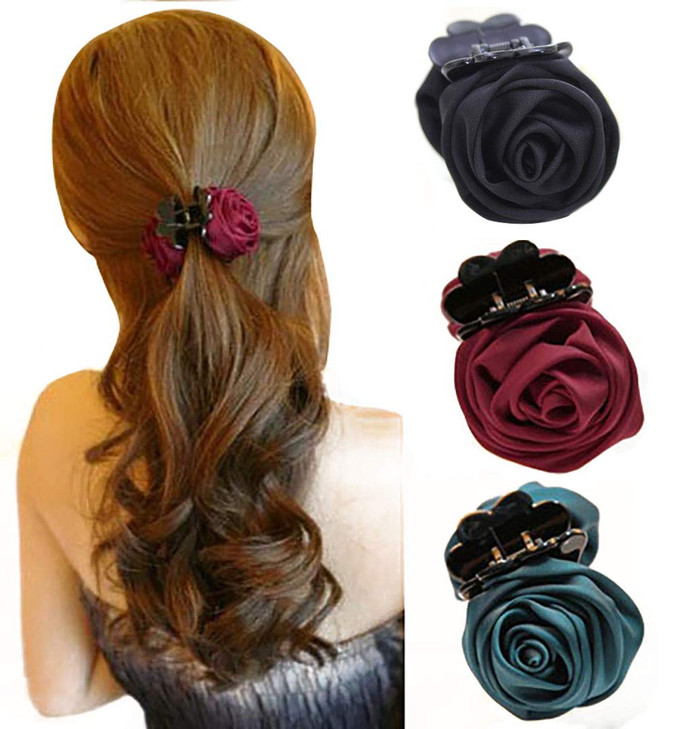 Fodattm 3PCS Women Beauty Rose Flower Hair Claw Hair Clips Hair Jewelry Elegant Ribbon Jaw Clip Headwear