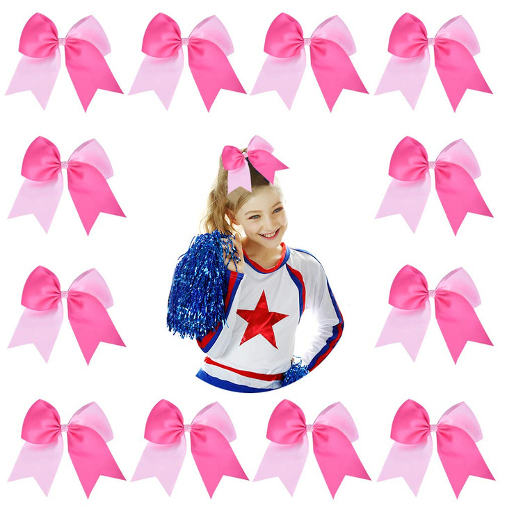 DEEKA 12PCS 8 Two Toned Large Cheer Hair Bows Ponytail Holder Handmade for Teen Girls Softball Cheerleader SportsLight P