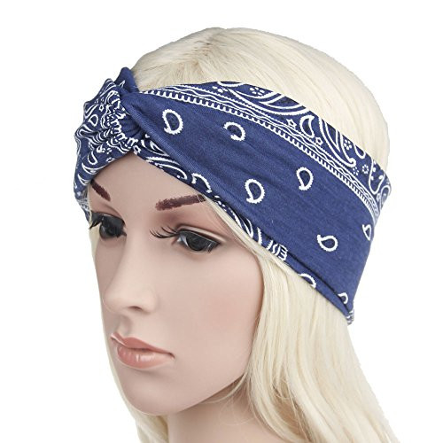 DINPREY Assorted Paisley Print Wide Bandana Knot Headbands Criss Cross Head Wrap Hair Band Blue