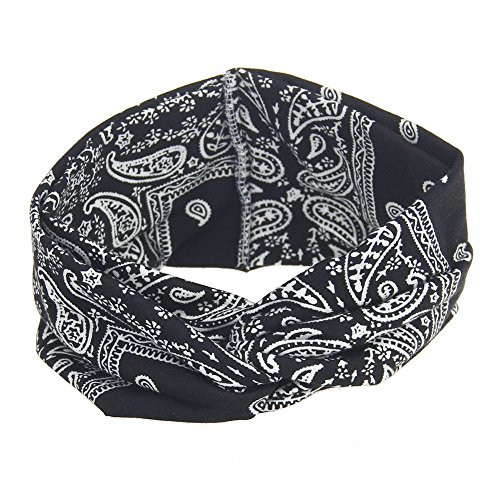 DINPREY Assorted Paisley Print Wide Bandana Knot Headbands Criss Cross Head Wrap Hair Band Black