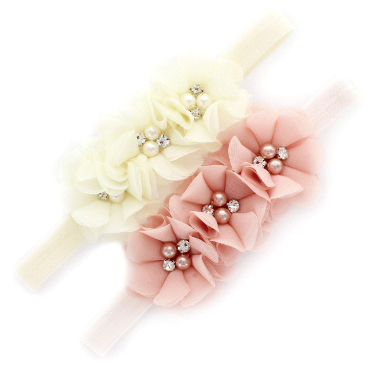 My Lello Baby Flower Headbands Fabric Beaded Trio Stretchy Elastic Pair Pink BlushIvory