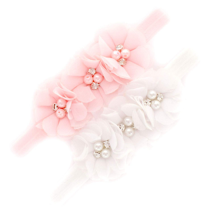 My Lello Baby Flower Headbands Fabric Beaded Trio Stretchy Elastic Pair Light PinkWhite