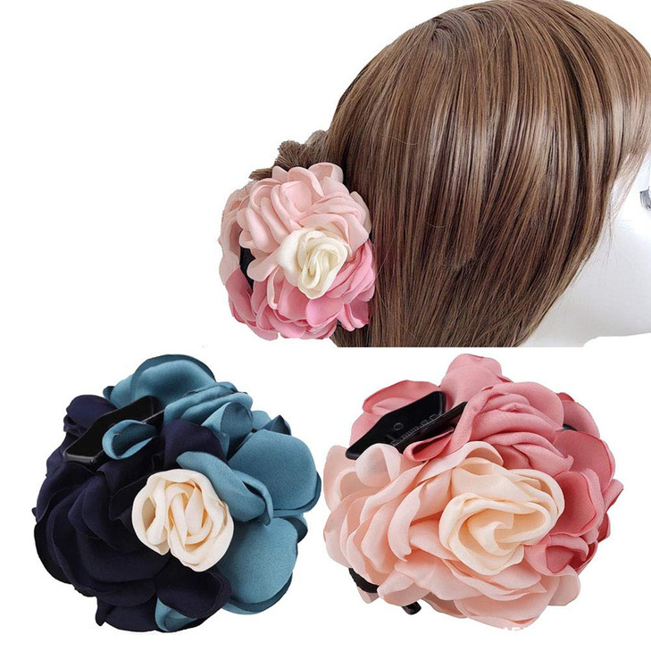 2PCS Sweet Large Rose Flower Hair Claws Beauty Ribbon Bow Hair Clips Headwear Hair Jewelry for Women Accessories Pink Bl