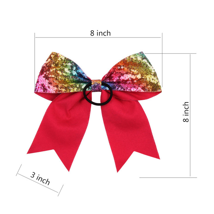 Metallic Sequin and Holographic 8 Inch Cheer Bow Cheerleader Cheerleading Jumbo Cheer Bow Hair Tie Rainbow Sequin