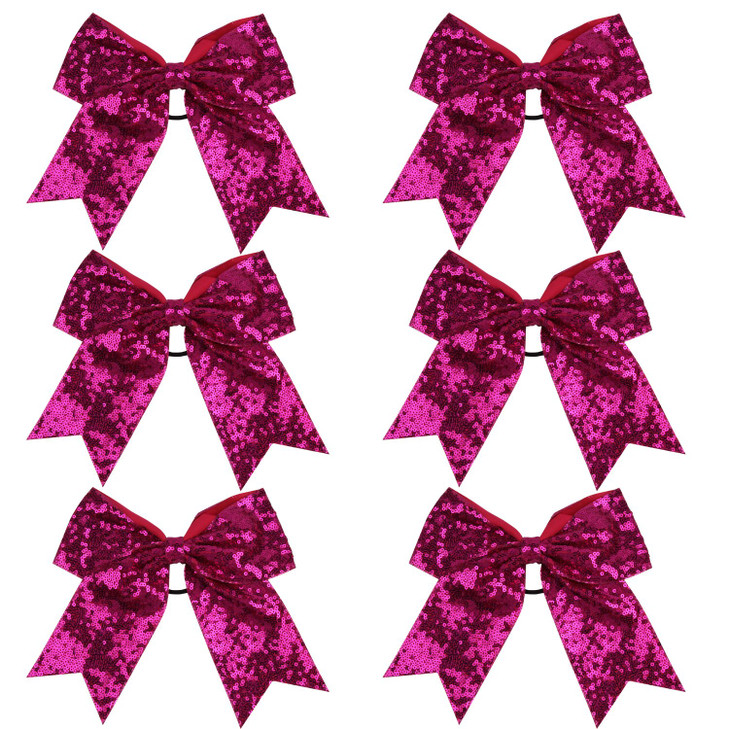 Metallic Sequin and Holographic 8 Inch Cheer Bow Cheerleader Cheerleading Jumbo Cheer Bow Hair Tie Hot Pink Sequin