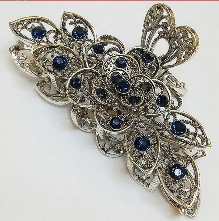 Women Fashion Retro Metal Alloy Rhinestone Large Size Fancy Hair Claw Jaw Clips Pins for Thick Hair InkBlue Colour 1
