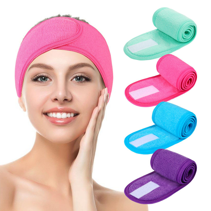 Facial Spa Headbands 4pcs Makeup Shower Bath Wrap Sport Headband Terry Cloth Stretch Towel with Magic Tape Blue Mint Gre