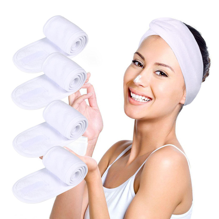Facial Spa Headbands 4 PCS Makeup Shower Bath Wrap Sport Headband Terry Cloth Stretch Towel with Magic Tape White