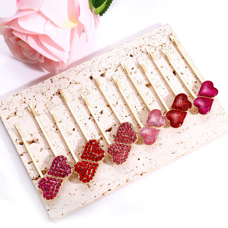Boderier 12 Pack Valentines Day Heart Bobby Pins Red Enamel Rhinestone Heart Hairpin Hair Slide Barrettes Styling Hair A