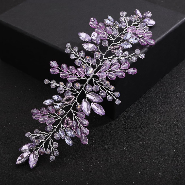 Teyglen Crystal Wedding Headband Bridal Purple Rhinestone Hair Vine Hair Accessories Handmade Headpieces Sparkly Purple