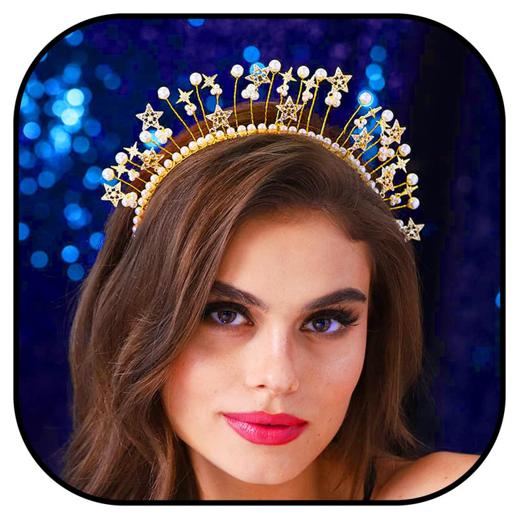 Urieo Star Halo Crown Gold Pearls Goddess Headband Stars Crystal Thin Tiara Hairhoops Festival Handmade Hair Accessories