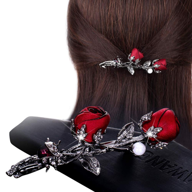 Elegant Rhinestones Rose Flower Metal Hair Clips Hair Barrette Ponytail Holder Slide Clips Hair Jewelry for WeddingParty