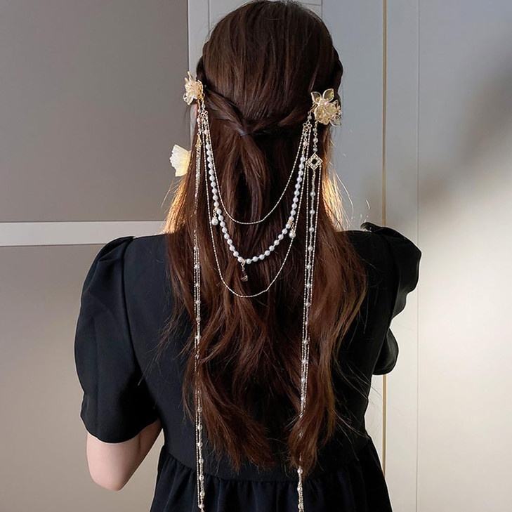Jumwrit Long Pearl Beaded Tassel Hair Clips Vintage Gold Flower Leaves Hair Barrette Floral Rhinestone Water Drop Layere