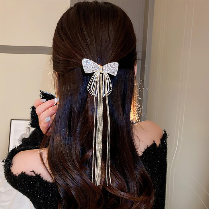 Jumwrit Glitter Rhinestone Hair Bow Clip Long Chain Tassel Hair Barrette Boho Metal Hollow Bowknot Hairpin Strong Hold P