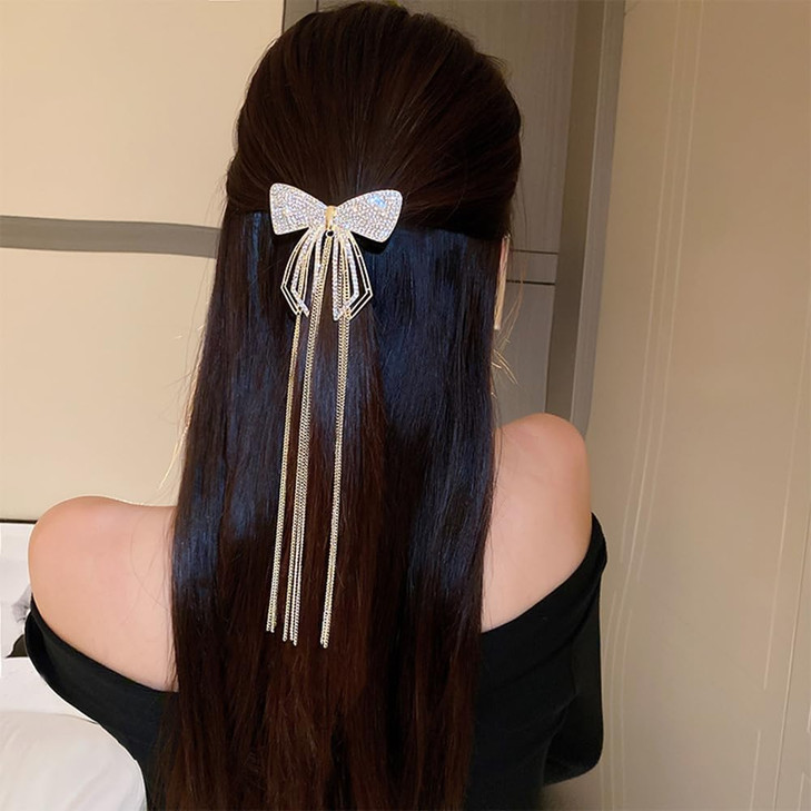 Jumwrit Glitter Rhinestone Hair Bow Clip Long Chain Tassel Hair Barrette Boho Metal Hollow Bowknot Hairpin Strong Hold P